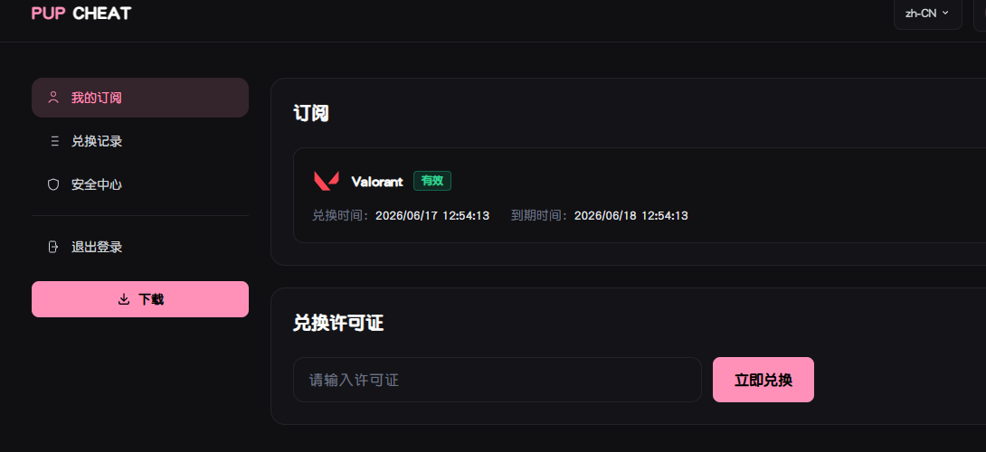 PUP 账号页面显示有效订阅和下载入口