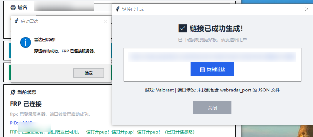 雷达工具显示启动成功并生成链接，运行地址与进程信息已隐藏